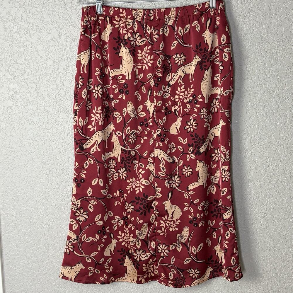 Midi Skirt Satin Woodland Creatures Forest Fairy Grunge Burgundy Beige Size L - Picture 2 of 6